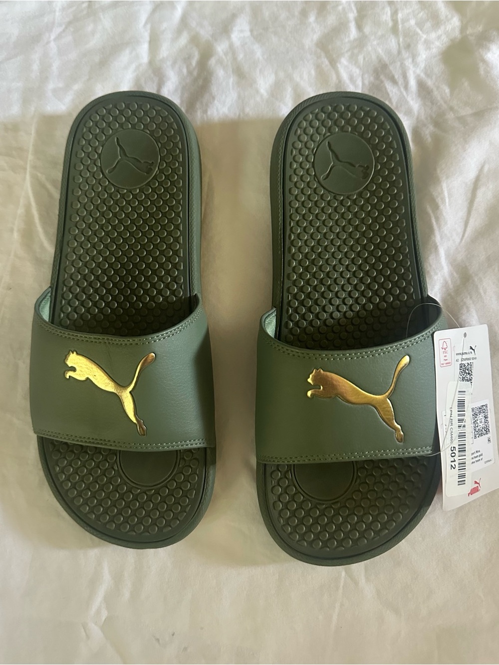 Puma Womens Olive Green Slide Sandals with Gold Puma Logo